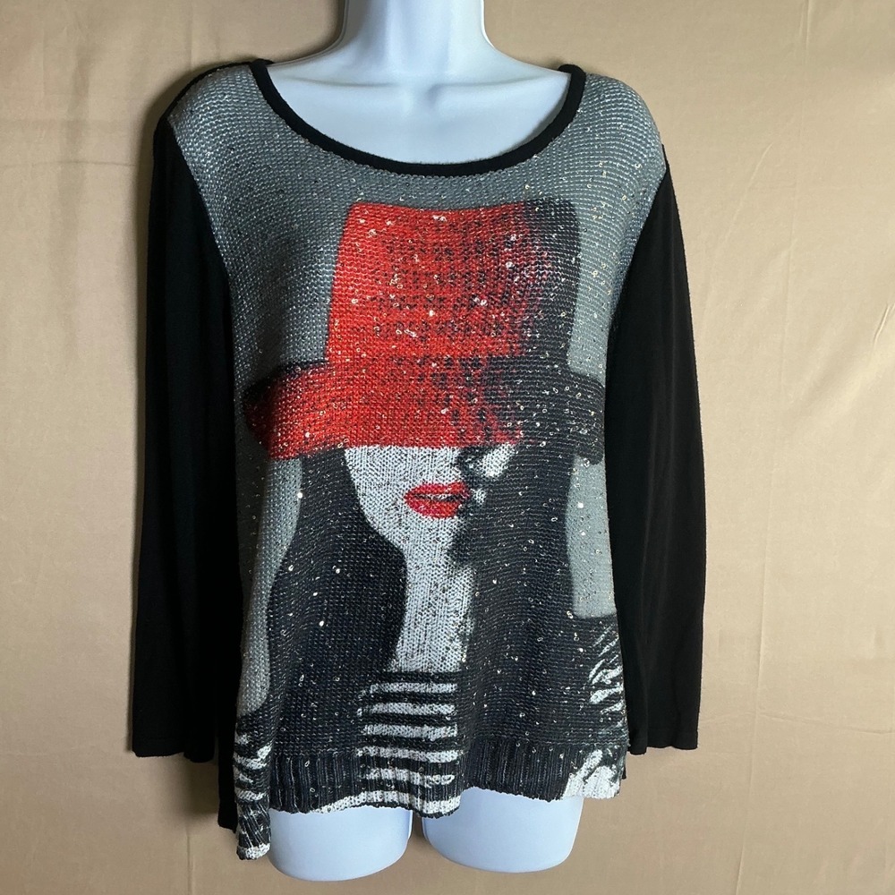 Tricotto Womens Large Black Red Hat‎ Sequin Graphic Long Sleeve Knit Top Turkey - Picture 10 of 11